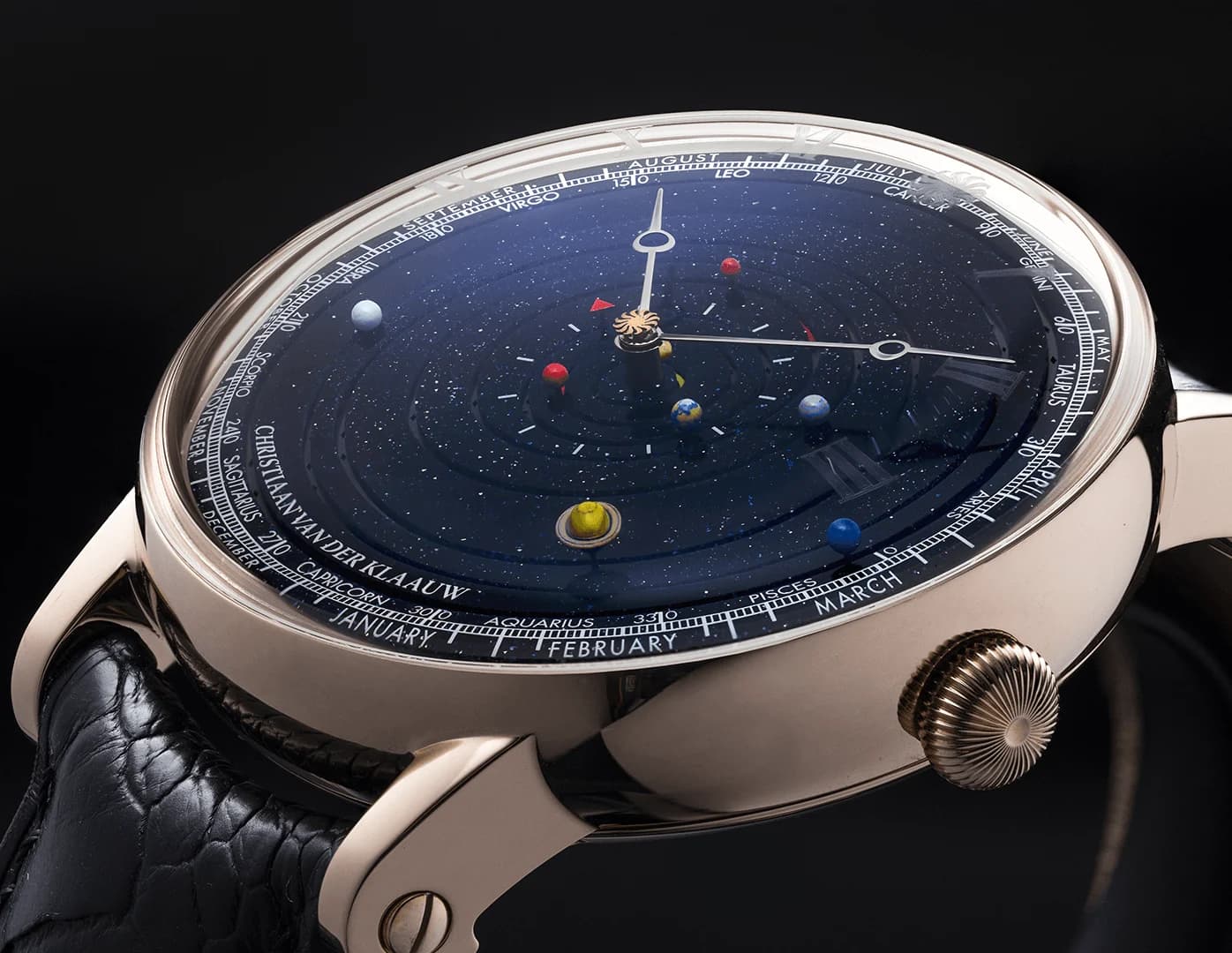 Grand Planetarium Eccentric with eight planets on a dark dial
