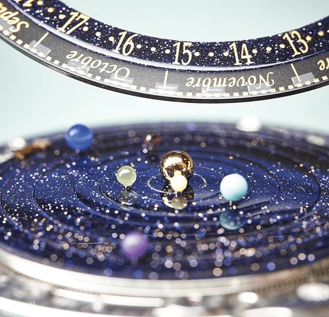 Gemstone planets on an aventurine dial