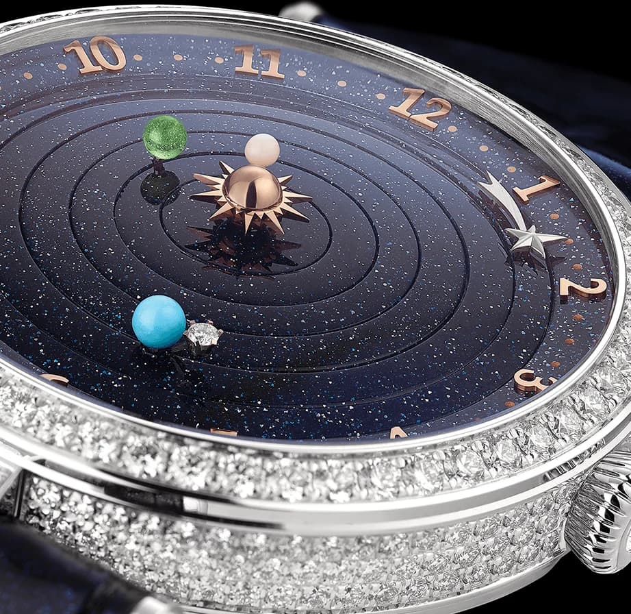 Planetarium with aventurine dial, gemstone planets and a diamond-set case