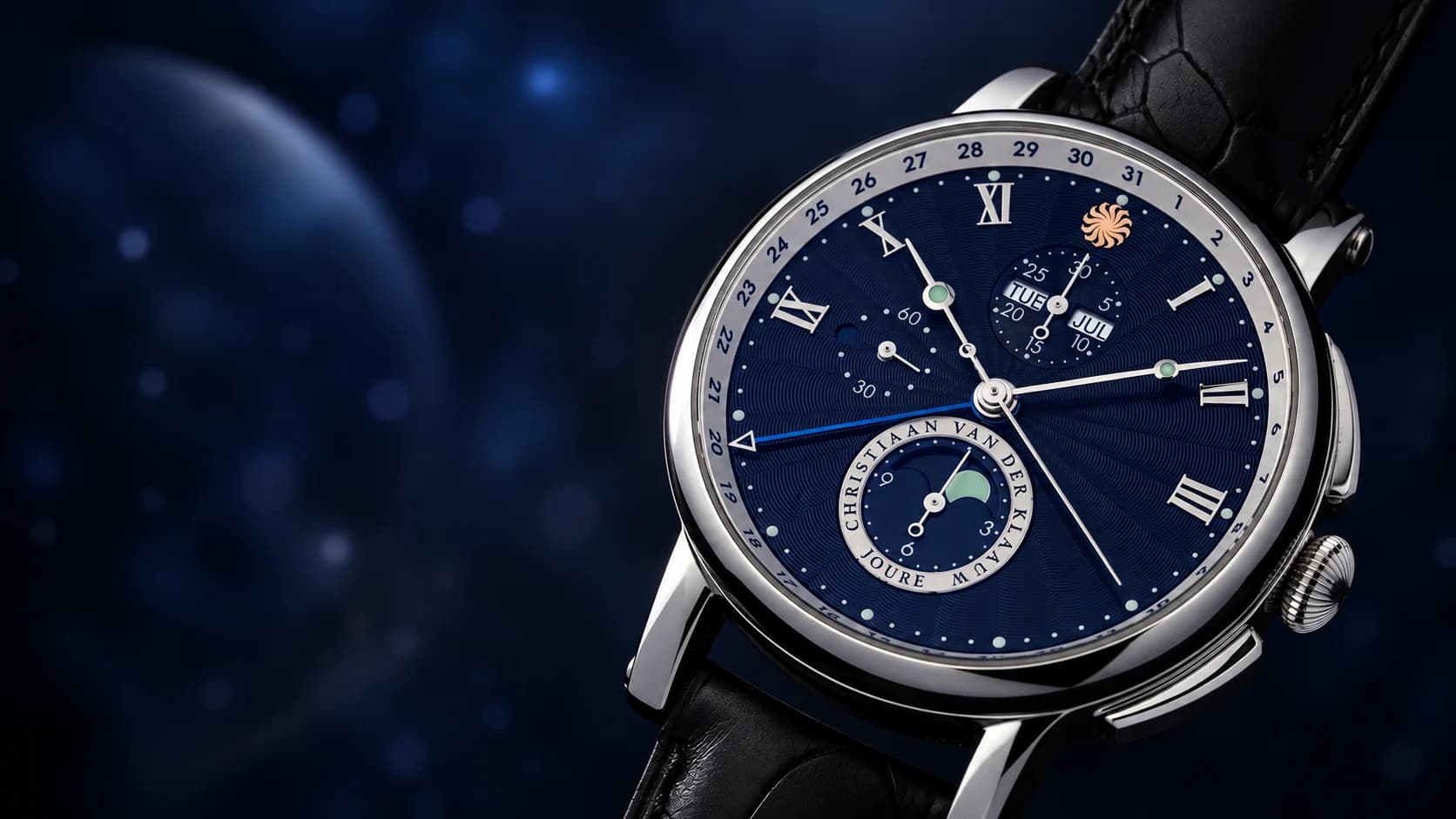 Collection of the Stars chronograph with a blue dial and moon phase against a night sky