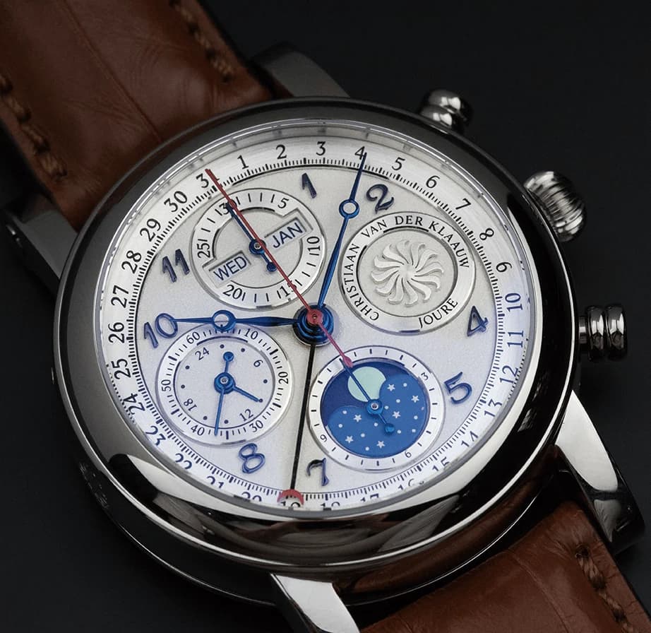 Ariadne with a white dial, blue subdials and a moon phase