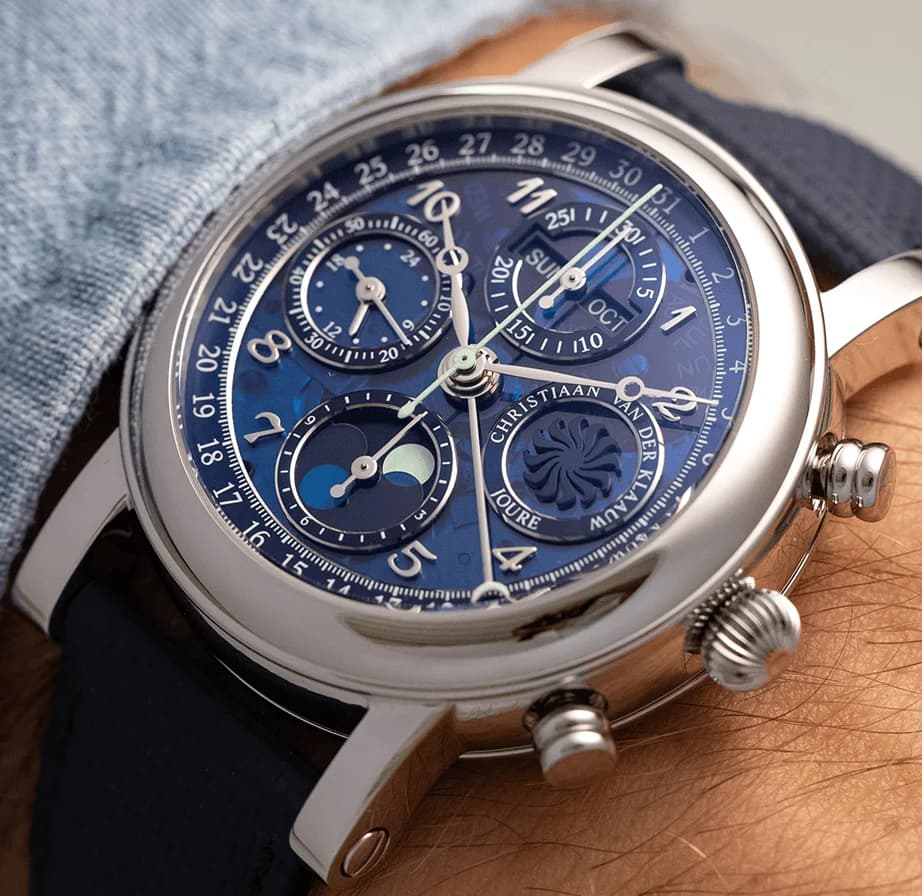 Chronograph with a blue dial on the wrist