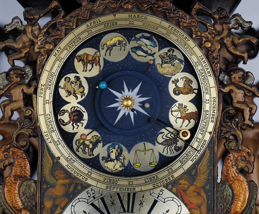 Astronomical clock with zodiac figures and a sun at its centre