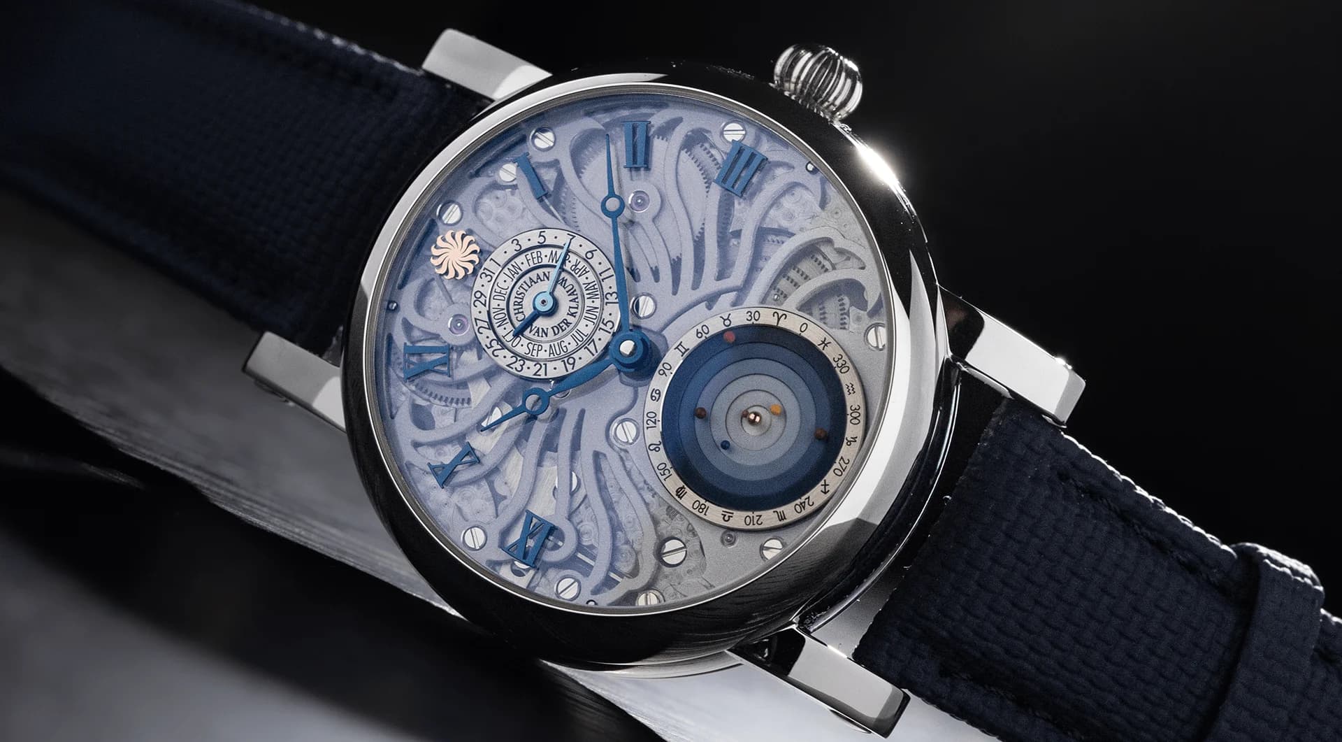 Planetarium Skeleton Platinum on a blue strap