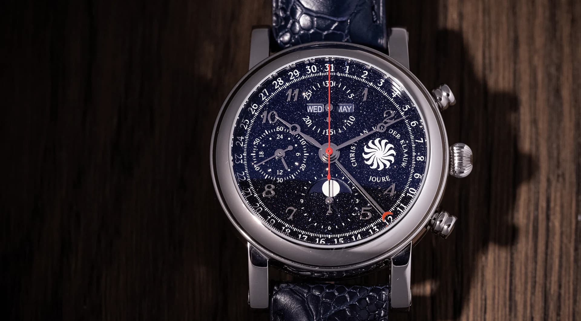 Ariadne Aventurine Blue chronograph with a star-filled blue Aventurine dial