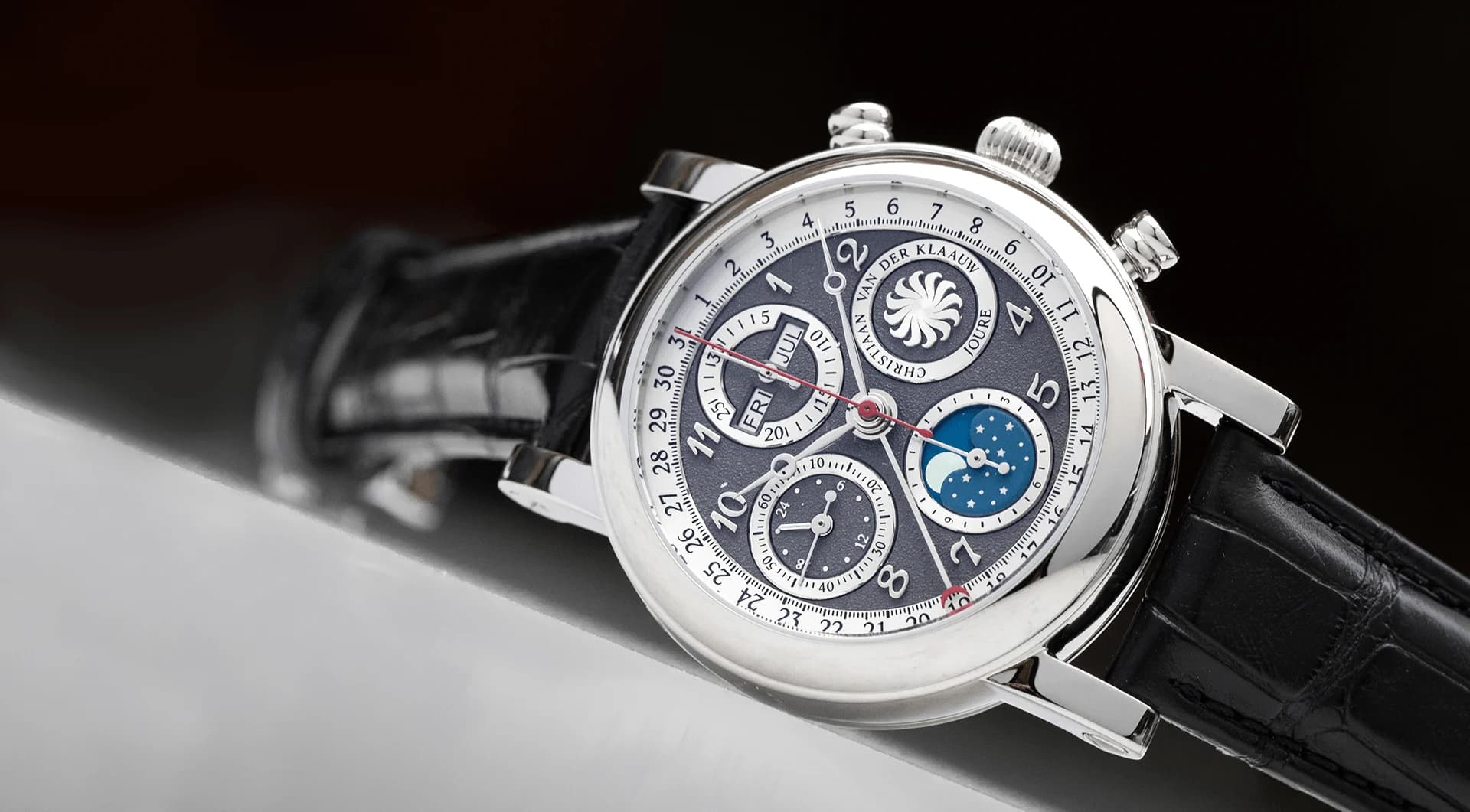 Ariadne Grey chronograph with a frosted grey dial and the moon phase at 6 o’clock