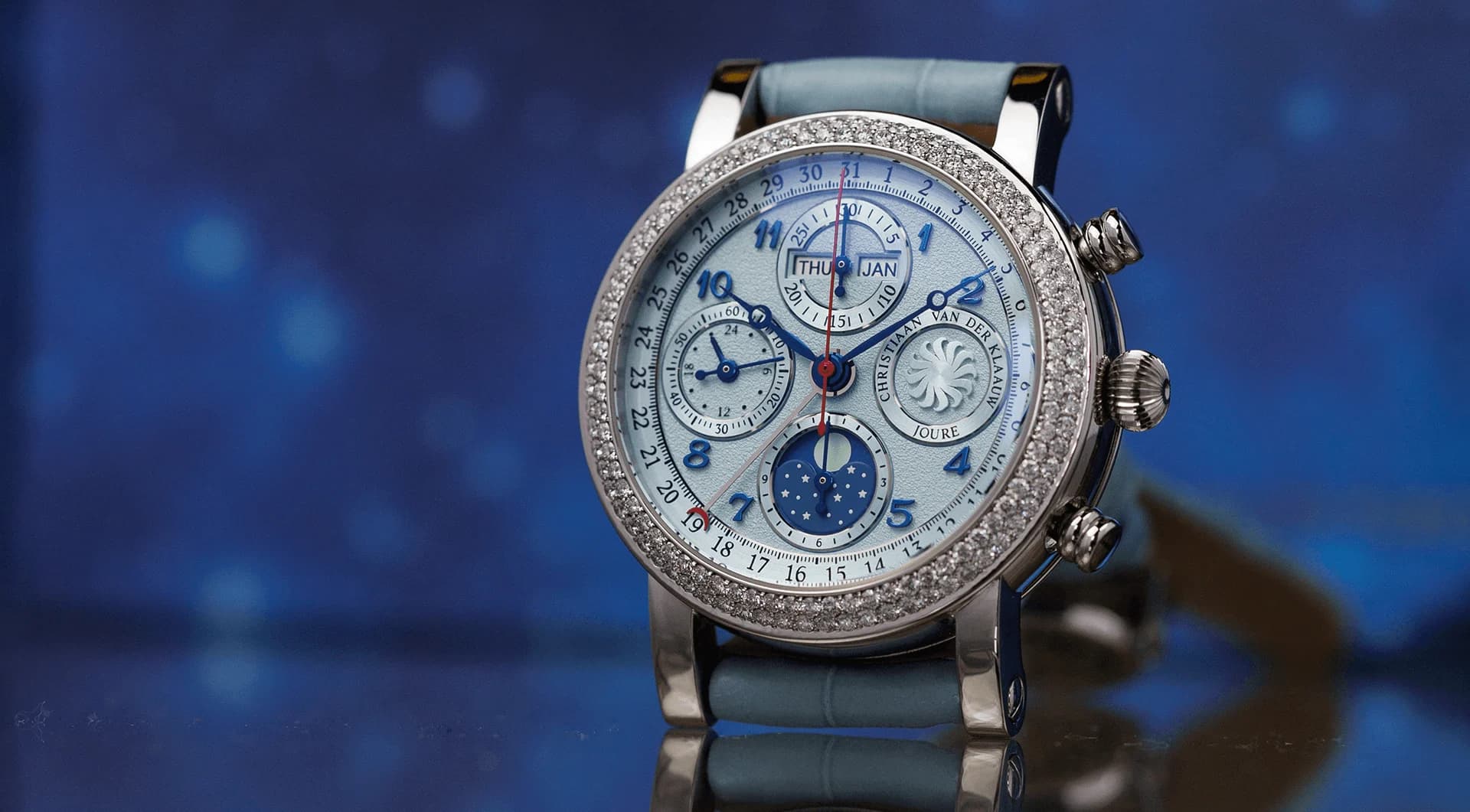 Ariadne Ice Blue chronograph with an ice blue dial and a double-row diamond bezel