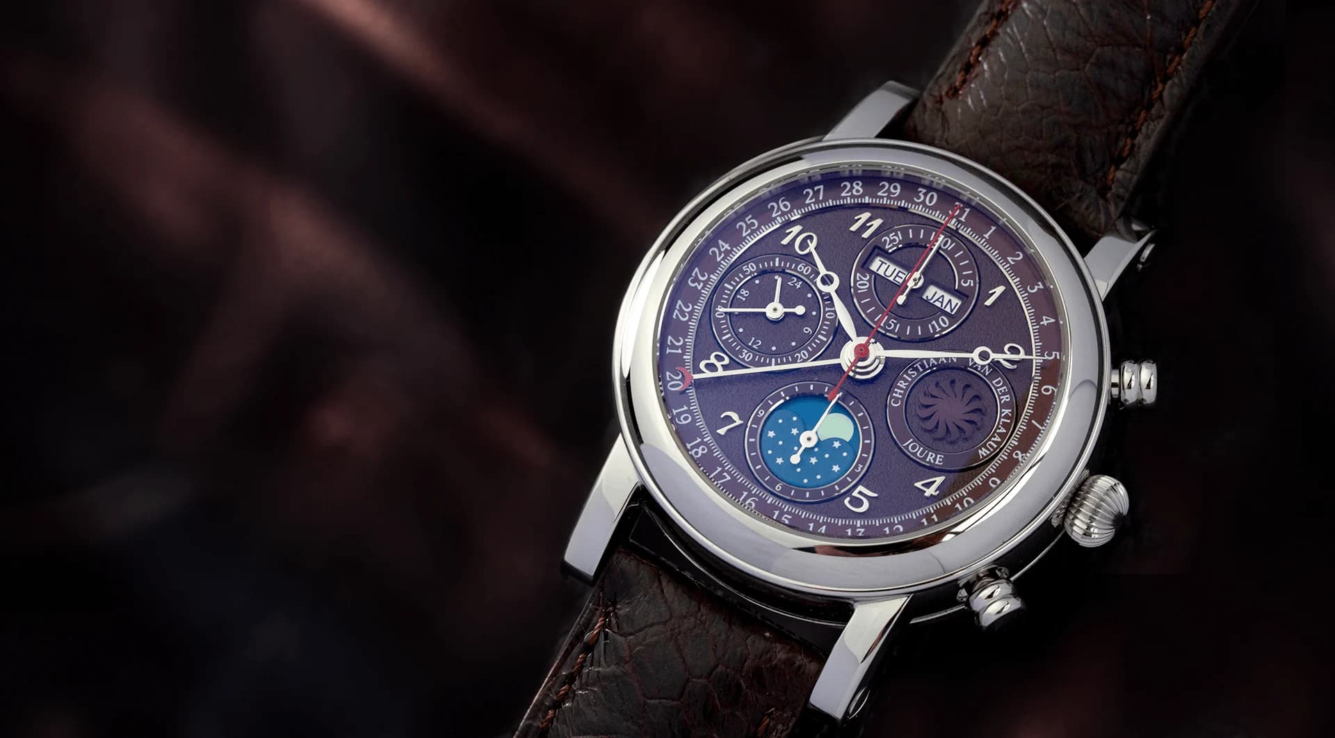 Ariadne Maroon chronograph with a maroon dial and the moon phase at 6 o’clock