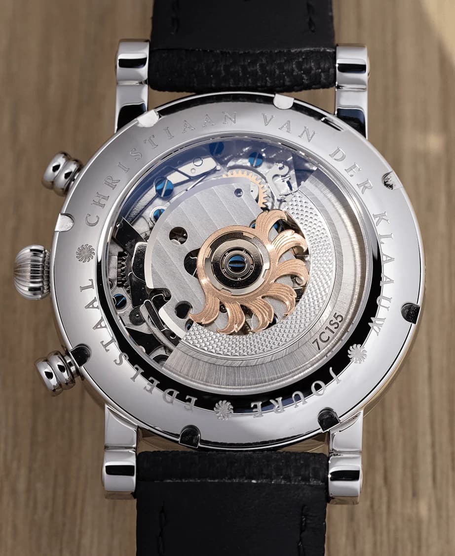 The CVDK7758 movement through the sapphire caseback