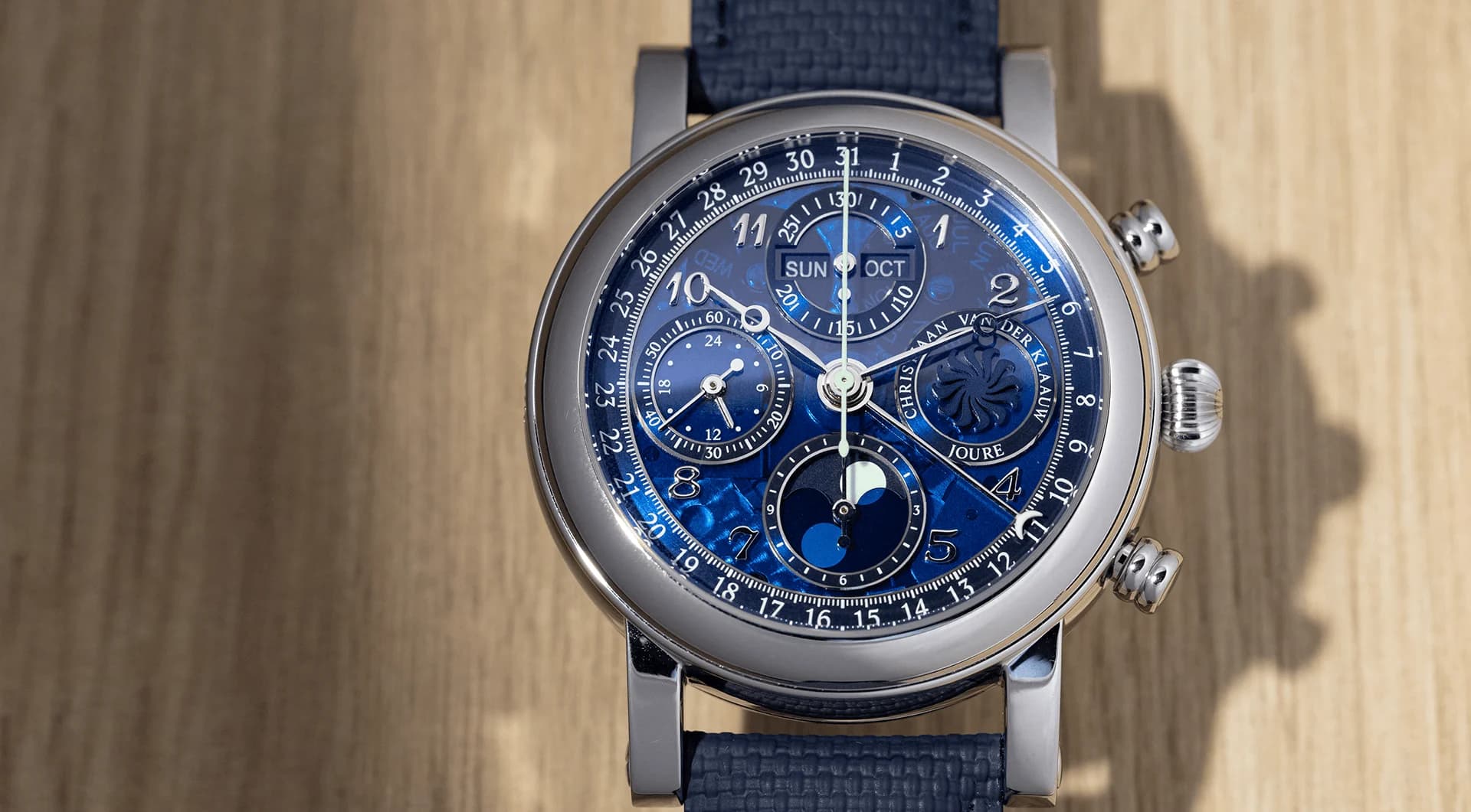 Ariadne Sapphire Smoked Blue chronograph with a transparent smoked blue sapphire dial