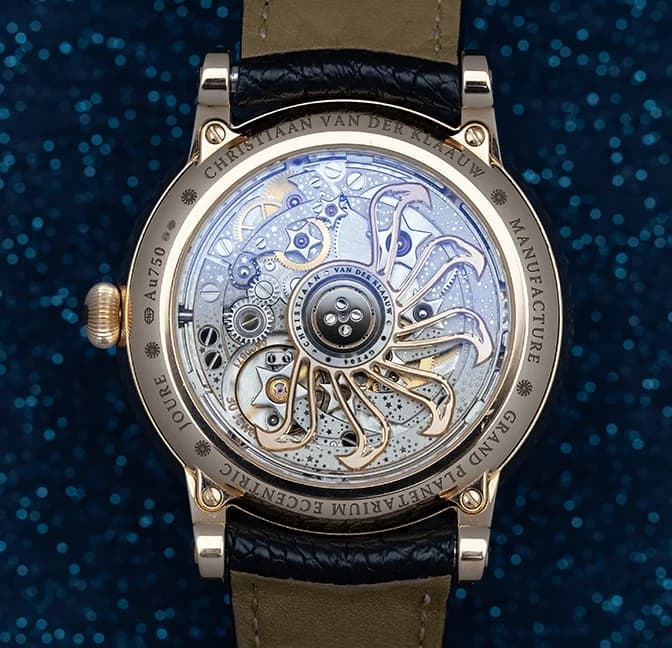 Caseback of the Grand Planetarium Eccentric showing the skeletonised CVDK sun rotor