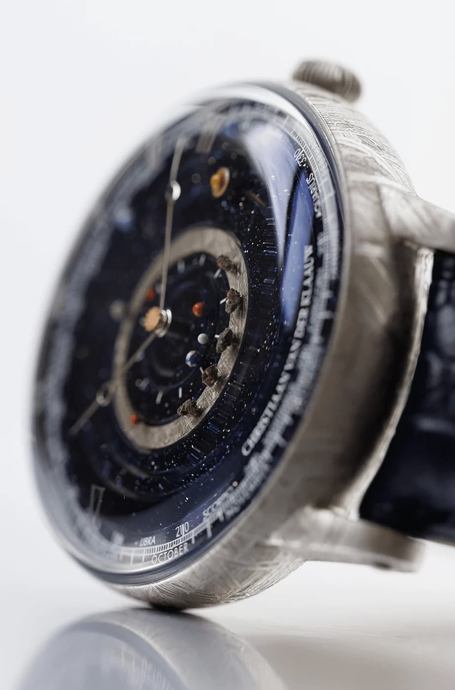 Grand Planetarium Eccentric Meteorite on a dark-blue leather strap
