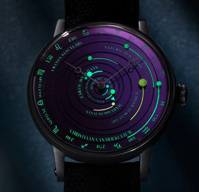 Hand-painted planets on the silicon dial