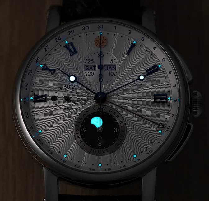 Hypernova Guilloché White, in the dark, Super-LumiNova glowing