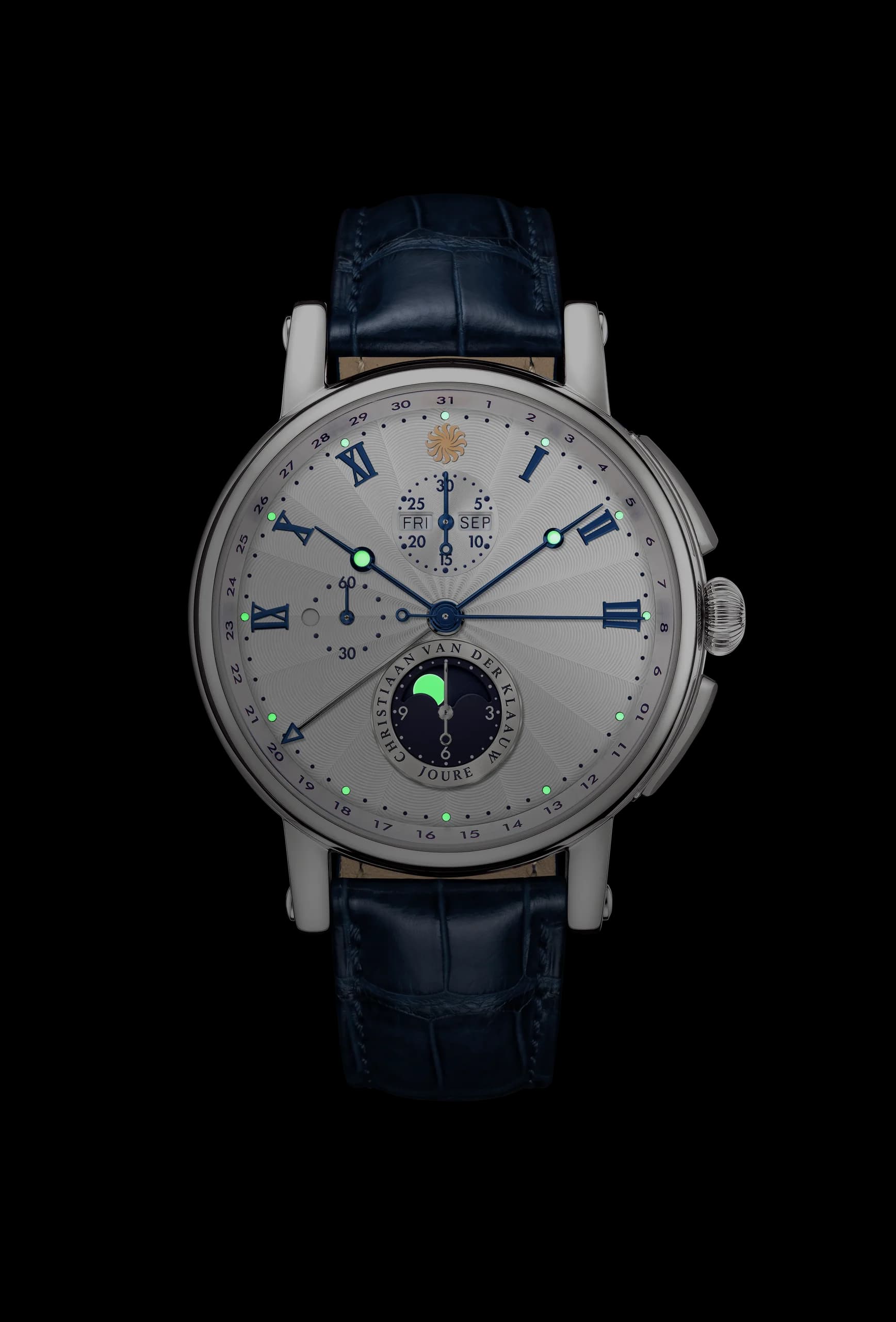 Hypernova Guilloché White in the dark: the Super-LumiNova markers, hands and moon glowing