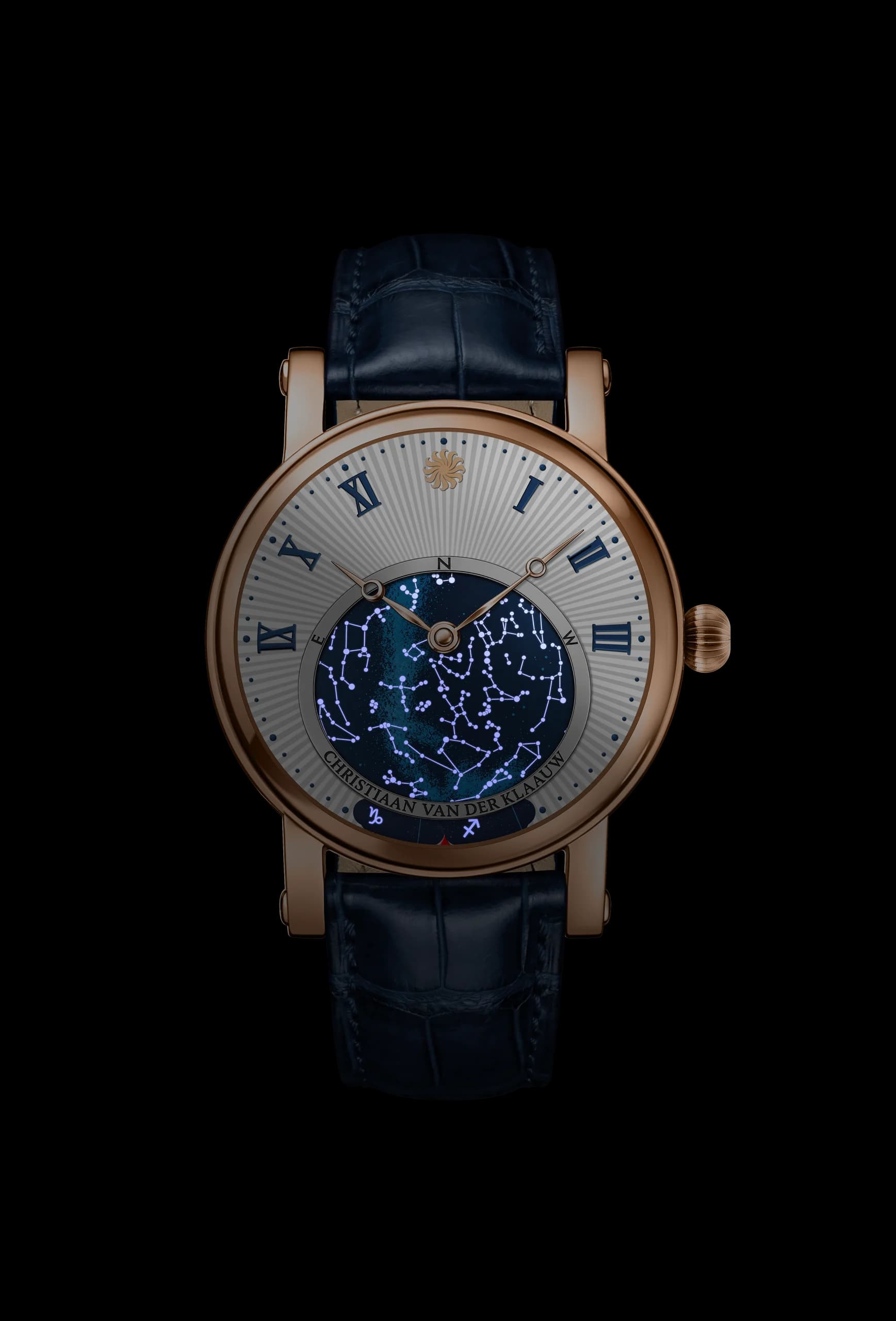 Orion Silver Rose Gold in the dark: the stars and constellation lines of the Planisphere glowing