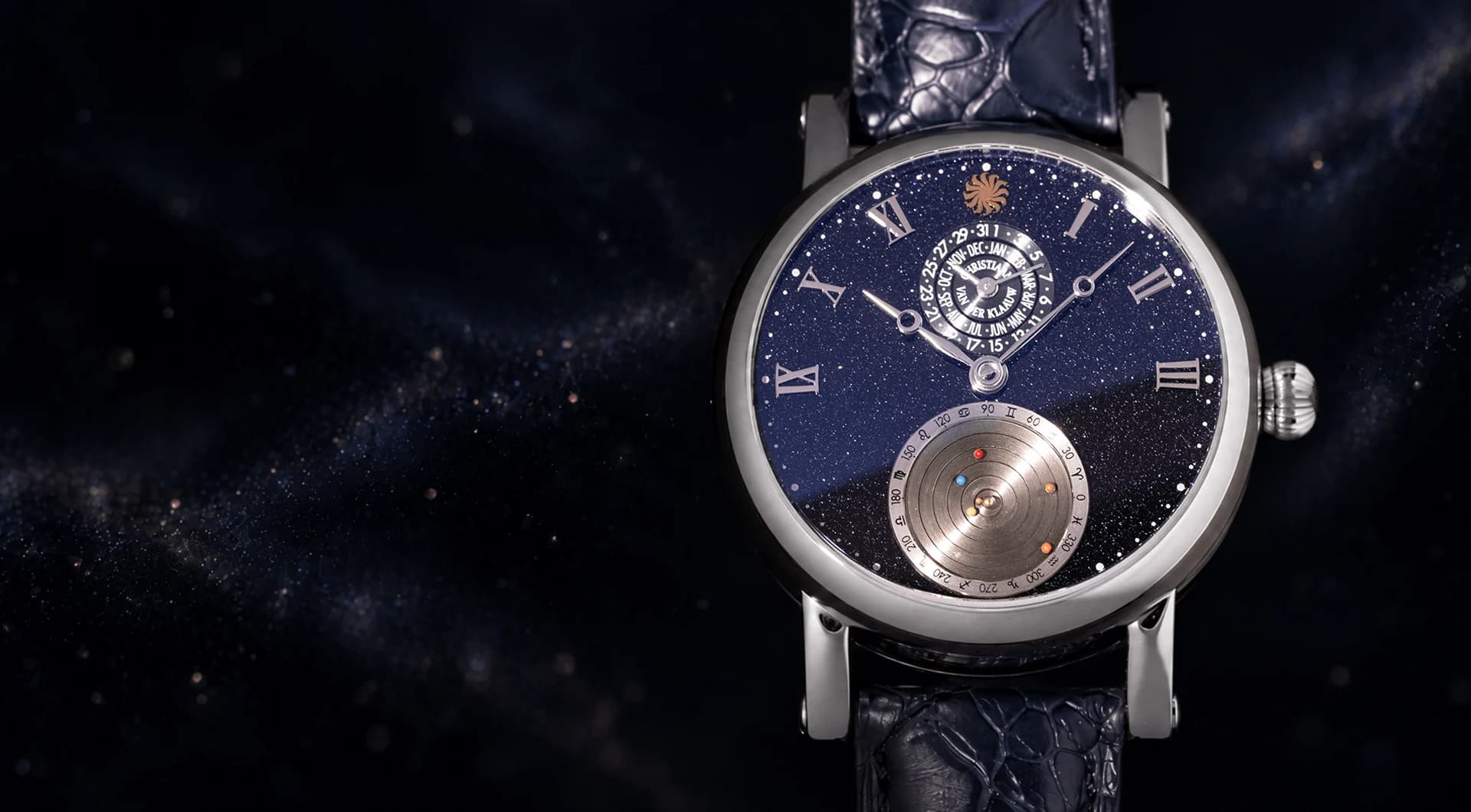 Planetarium Aventurine in stainless steel with a blue aventurine dial