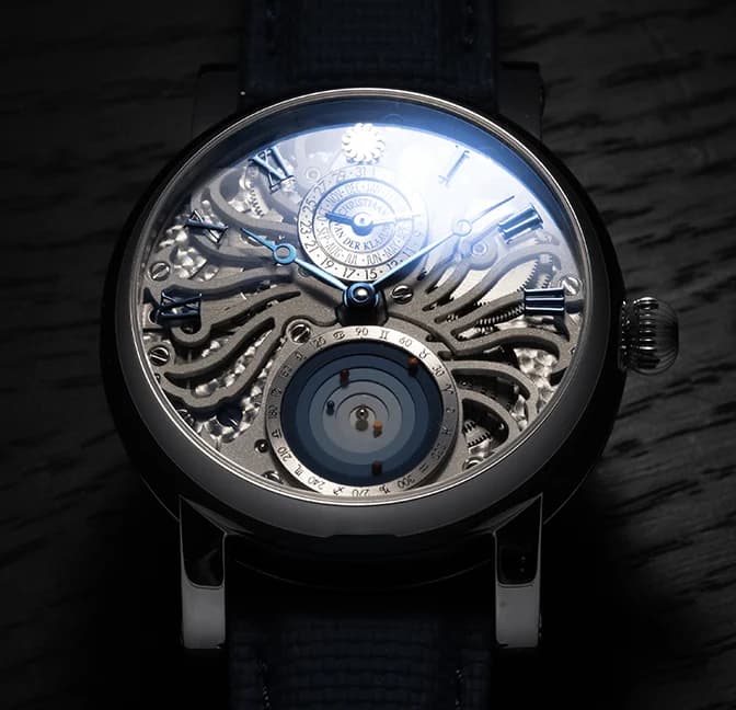Close-up of the transparent sapphire dial