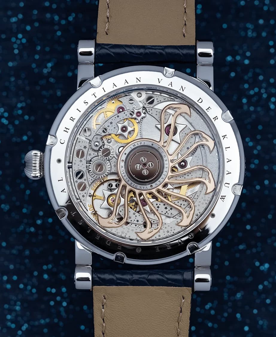 The CKM-01 Manufacture movement through the sapphire caseback