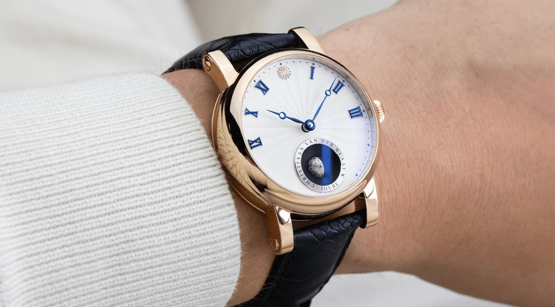 Real Moon Joure Guilloché White Rose Gold with its three-dimensional Moon