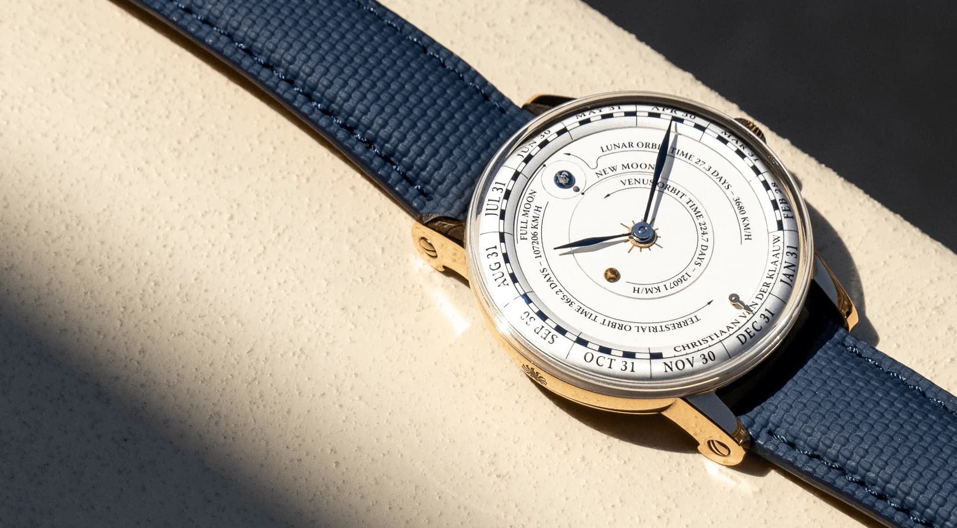 Venus Annual Calendar in 18 ct rose gold on a blue Sailcloth/FKM strap