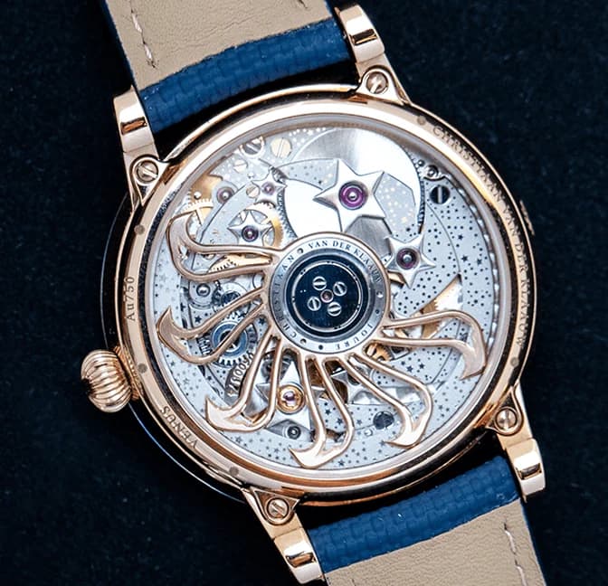 The blue aventurine dial with Venus, Earth and the Moon